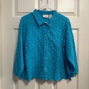 Liz Claiborne Blue Floral Eyelet Shirt, 3/4 sleeves